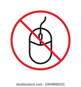 Forbidden computer mouse icon. No mouse device vector icon. No computer cursor pictogram. Prohibited computer mouse vector icon. Warning, danger, caution, attention, restriction. 