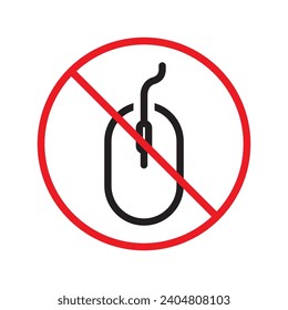 Forbidden computer mouse icon. No mouse device vector icon. No computer cursor pictogram. Prohibited computer mouse vector icon. Warning, danger, caution, attention, restriction. 