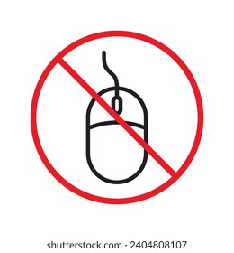 Forbidden computer mouse icon. No mouse device vector icon. No computer cursor pictogram. Prohibited computer mouse vector icon. Warning, danger, caution, attention, restriction. 