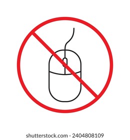 Forbidden computer mouse icon. No mouse device vector icon. No computer cursor pictogram. Prohibited computer mouse vector icon. Warning, danger, caution, attention, restriction. 