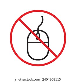 Forbidden computer mouse icon. No mouse device vector icon. No computer cursor pictogram. Prohibited computer mouse vector icon. Warning, danger, caution, attention, restriction. 