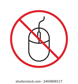 Forbidden computer mouse icon. No mouse device vector icon. No computer cursor pictogram. Prohibited computer mouse vector icon. Warning, danger, caution, attention, restriction. 