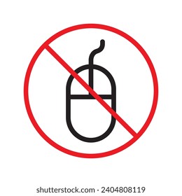 Forbidden computer mouse icon. No mouse device vector icon. No computer cursor pictogram. Prohibited computer mouse vector icon. Warning, danger, caution, attention, restriction. 