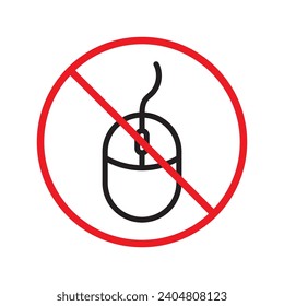 Forbidden computer mouse icon. No mouse device vector icon. No computer cursor pictogram. Prohibited computer mouse vector icon. Warning, danger, caution, attention, restriction. 