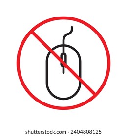 Forbidden computer mouse icon. No mouse device vector icon. No computer cursor pictogram. Prohibited computer mouse vector icon. Warning, danger, caution, attention, restriction. 