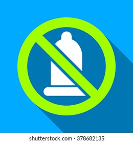 Forbidden Condom long shadow vector icon. Style is a flat light symbol with rounded angles on a blue square background.