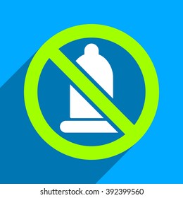 Forbidden Condom long shadow vector icon. Style is a flat forbidden condom iconic symbol on a blue square background.
