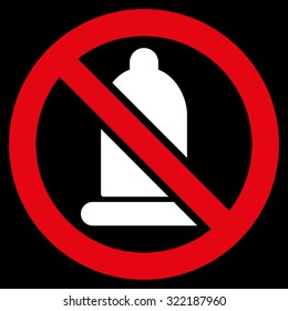 Forbidden Condom vector icon. Style is bicolor flat symbol, red and white colors, rounded angles, black background.