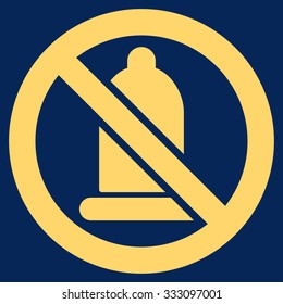 Forbidden Condom vector icon. Style is flat symbol, yellow color, rounded angles, blue background.