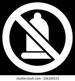 Forbidden Condom vector icon. Style is flat symbol, white color, rounded angles, black background.