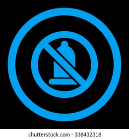 Forbidden Condom vector icon. Style is flat rounded symbol, blue color, rounded angles, black background.