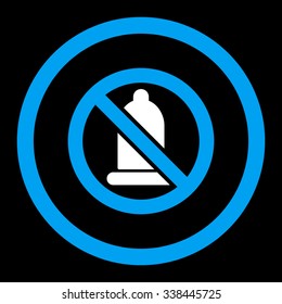 Forbidden Condom vector icon. Style is bicolor flat rounded symbol, blue and white colors, rounded angles, black background.
