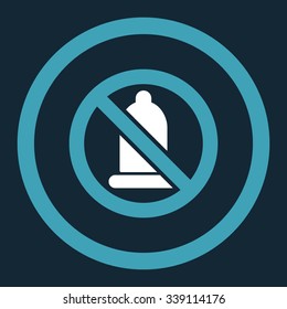 Forbidden Condom vector icon. Style is bicolor flat rounded symbol, blue and white colors, rounded angles, dark blue background.