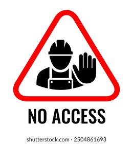 Sitio prohibido de la construcción, ninguna señal de la entrada, trabajador con el gesto de la mano de la parada