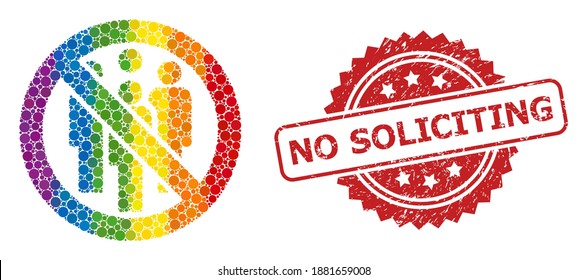 Forbidden crowd mosaic icon of round spots in various sizes and LGBT color tinges, and No Soliciting textured rosette seal print. A dotted LGBT-colored Forbidden crowd for lesbians, gays,