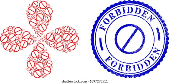 Forbidden curl flower with four petals, and blue round FORBIDDEN rubber print with icon inside. Element cluster organized from oriented forbidden items. Vector flower collage in flat style.