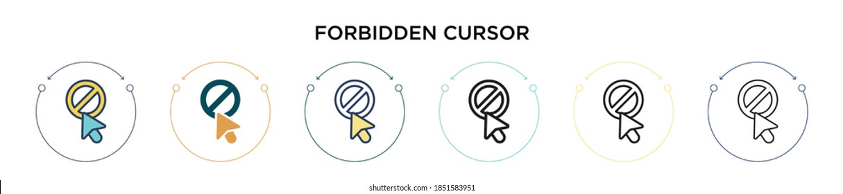 Forbidden cursor icon in filled, thin line, outline and stroke style. Vector illustration of two colored and black forbidden cursor vector icons designs can be used for mobile, ui, web