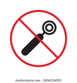 Icono de herramienta de dentista prohibido. Icono vectorial de instrumento dentista prohibido. No hay pictograma de símbolo de herramientas dentarias. Advertencia, precaución, atención, restricción, peligro, prohibición, diseño de rótulos planos.