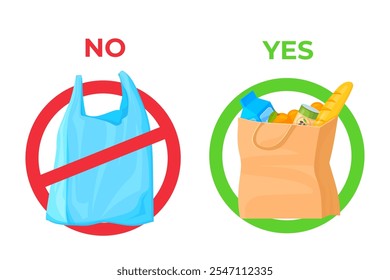 Bolsas desechables prohibidas. Comparar, paquete de reciclaje de polietileno desechable, concepto de reducción de la contaminación ecológica, detener la basura sin residuos de plásticos Ilustración vectorial Obra de arte original