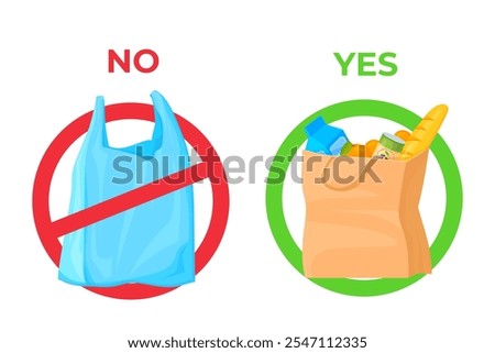 Forbidden disposable bags. Plastic vs paper bag compare, disposable polythene recycling package ecology pollution reduce concept, stop garbage no plastics waste vector illustration original artwork