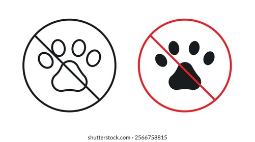 Forbidden dog pet signs in black outline, solid and colored style