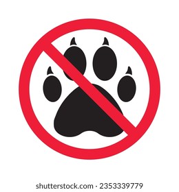 Forbidden dog pet vector icon. Warning, caution, attention, restriction, label, ban, danger. No pet paw flat sign design pictogram symbol. No animal wolf paw icon 