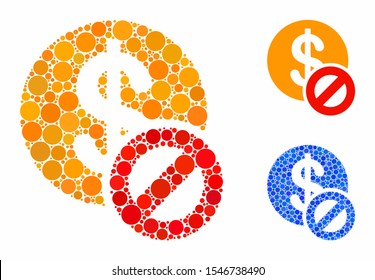 Forbidden dollar composition of circle elements in various sizes and color hues, based on forbidden dollar icon. Vector circle elements are organized into blue mosaic.