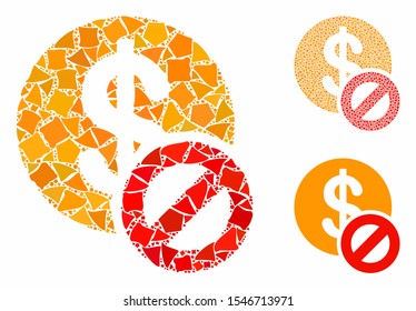 Forbidden dollar composition of ragged parts in various sizes and color tones, based on forbidden dollar icon. Vector uneven parts are united into composition.