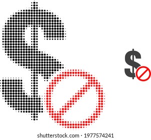 Forbidden dollar halftone dotted icon illustration. Halftone array contains round elements. Vector illustration of forbidden dollar icon on a white background.