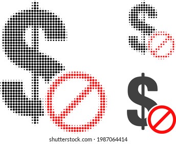 Icono de punto medio del dólar prohibido. La matriz de semitono contiene puntos de círculo. Ilustración vectorial del icono del dólar prohibido en un fondo blanco.