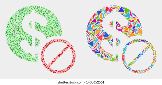Forbidden dollar mosaic icon of triangle elements which have various sizes and shapes and colors. Geometric abstract vector illustration of forbidden dollar.