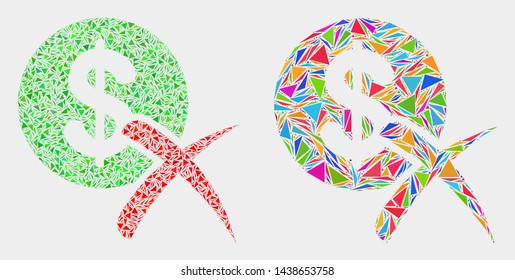 Forbidden dollar mosaic icon of triangle items which have variable sizes and shapes and colors. Geometric abstract vector illustration of forbidden dollar.