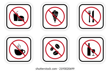 Forbidden Drink Coffee Tea Eat Pictogram Set. Ban Alcohol Black Silhouette Icon. Unhealthy Food Red Stop Symbol. No Allowed Entry with Beverage Sign. Ice Cream Prohibited. Isolated Vector