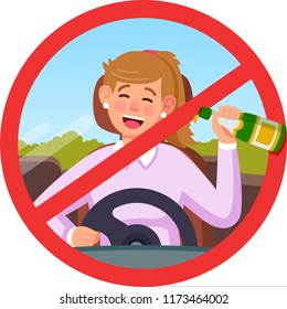 Forbidden to drink at the wheel, the girl at the wheel. Decoration for greeting cards, posters, patches, prints for clothes, emblems. Modern flat style illustration.