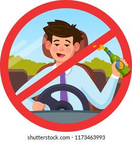 Forbidden to drink at the wheel, the man at the wheel. Decoration for greeting cards, posters, patches, prints for clothes, emblems. Modern flat style illustration.