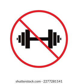 Forbidden dumbbell vector icon. No dumbbell flat sign design. Prohibited dumbbell icon. Warning, caution, attention, restriction label ban. No dumbbell symbol pictogram