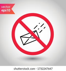 Icono de sobre prohibido. No hay señal de vector de correo. Restricción de aviso de mensajería prohibida. No hay ninguna carta que envíe un icono de advertencia. Pictograma del símbolo de atención plana EPS 10