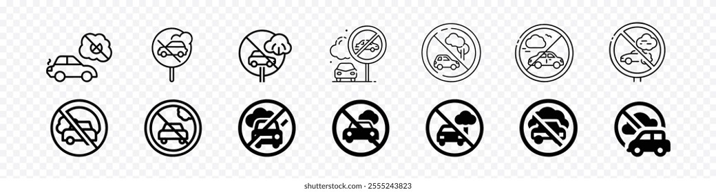 Forbidden exhaust, pollution cloud from car icon. prohibition car exhaust. No allowed car emission pollution graphic sign, Icon car pollution. Global warming elements.