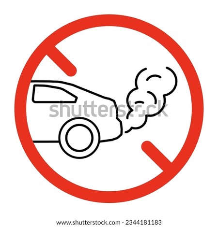 Forbidden exhaust, pollution cloud from car icon. No Exhaust gases, fumes. No idling turn engine. Stop smog from automobile. Vector symbol