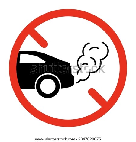 Forbidden exhaust, pollution cloud from car icon. No Exhaust gases, fumes. No idling turn engine. Stop smog from automobile. Vector symbol