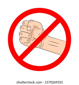 Forbidden fighting sign on white background. Fist icon and forbidden sign. Vector stock illustration. No karate sign.