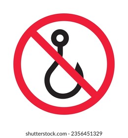 Forbidden fish hook vector icon. Warning, caution, attention, restriction, label, ban, danger. No fishing hook flat sign design pictogram symbol. No fishing hook icon