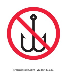 Forbidden fish hook vector icon. Warning, caution, attention, restriction, label, ban, danger. No fishing hook flat sign design pictogram symbol. No fishing hook icon