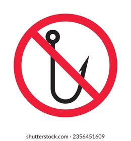 Forbidden fish hook vector icon. Warning, caution, attention, restriction, label, ban, danger. No fishing hook flat sign design pictogram symbol. No fishing hook icon