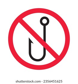 Forbidden fish hook vector icon. Warning, caution, attention, restriction, label, ban, danger. No fishing hook flat sign design pictogram symbol. No fishing hook icon