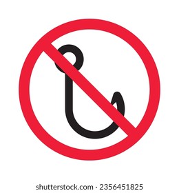 Forbidden fish hook vector icon. Warning, caution, attention, restriction, label, ban, danger. No fishing hook flat sign design pictogram symbol. No fishing hook icon