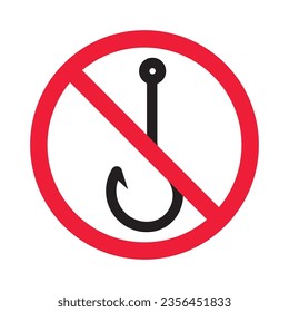 Forbidden fish hook vector icon. Warning, caution, attention, restriction, label, ban, danger. No fishing hook flat sign design pictogram symbol. No fishing hook icon