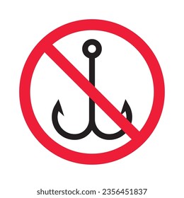 Forbidden fish hook vector icon. Warning, caution, attention, restriction, label, ban, danger. No fishing hook flat sign design pictogram symbol. No fishing hook icon