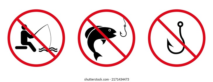 Forbidden Fishing Hook Fish Black Silhouette Icon Set. Fisherman Red Stop Circle Symbol. No Allowed Catch Fish in Lake Sign. Fisher Man Prohibited. Ban Fishing Pictogram. Isolated Vector Illustration.