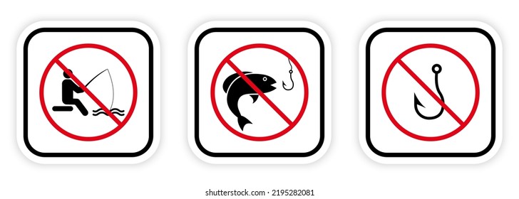 Forbidden Fishing Hook Fish Black Silhouette Icon Set. Fisherman Red Stop Circle Symbol. No Allowed Catch Fish in Lake Sign. Fisher Man Prohibited. Ban Fishing Pictogram. Isolated Vector